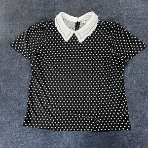 Faith and Joy Shirt Womens Petite Large Black White Polka Dot Pearl Collar Top